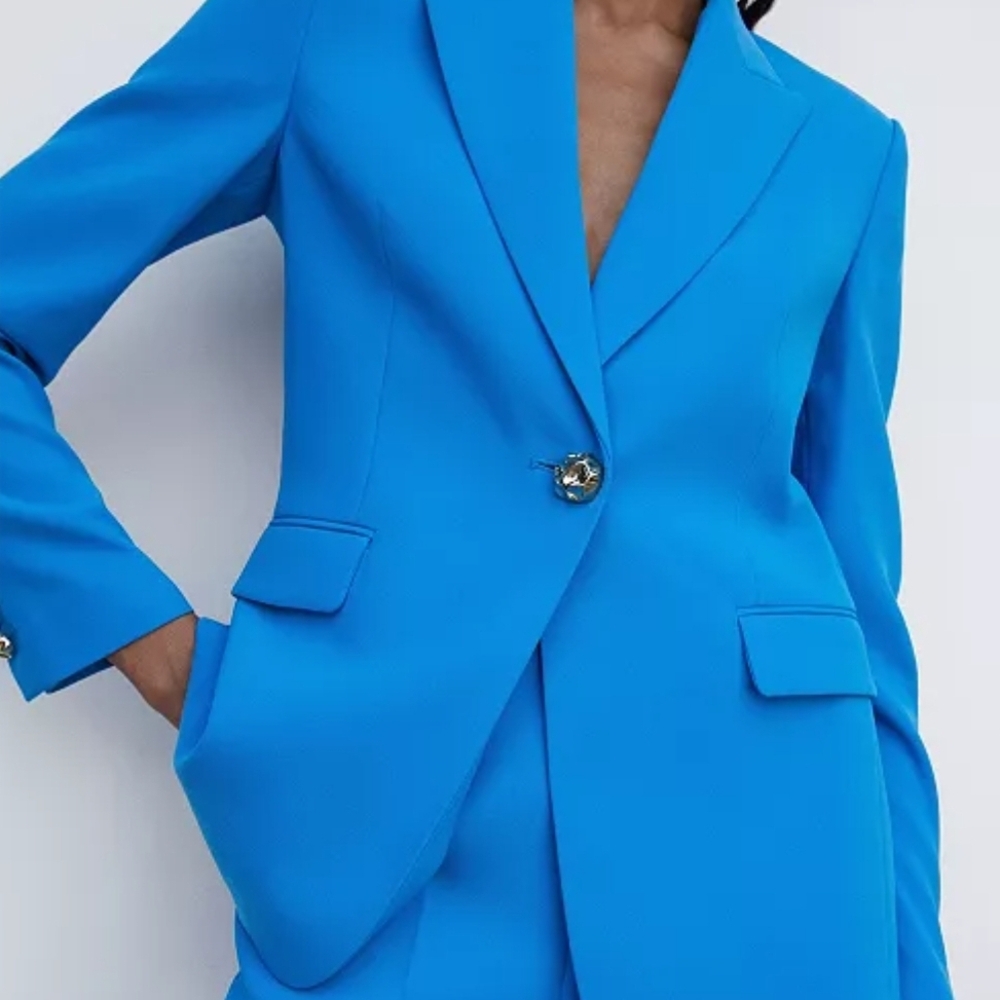 Mango Blue Tailored Suit, Blazer with Notched Lapels And Wide Leg Pants